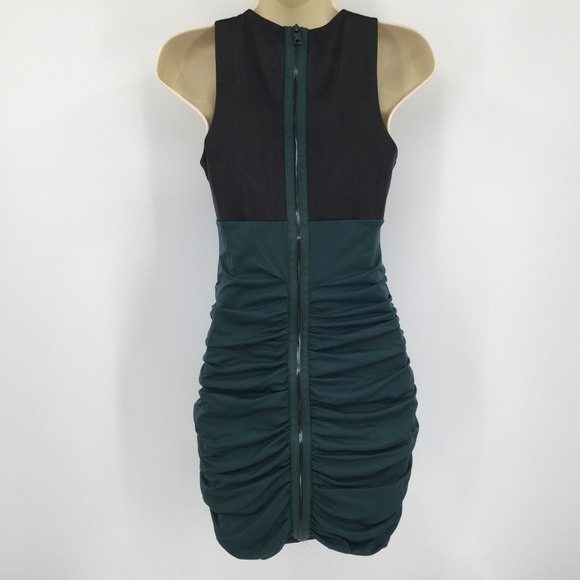 La Pina black leather halter green jersey dress bodycon ruched mini Small - Picture 3 of 5